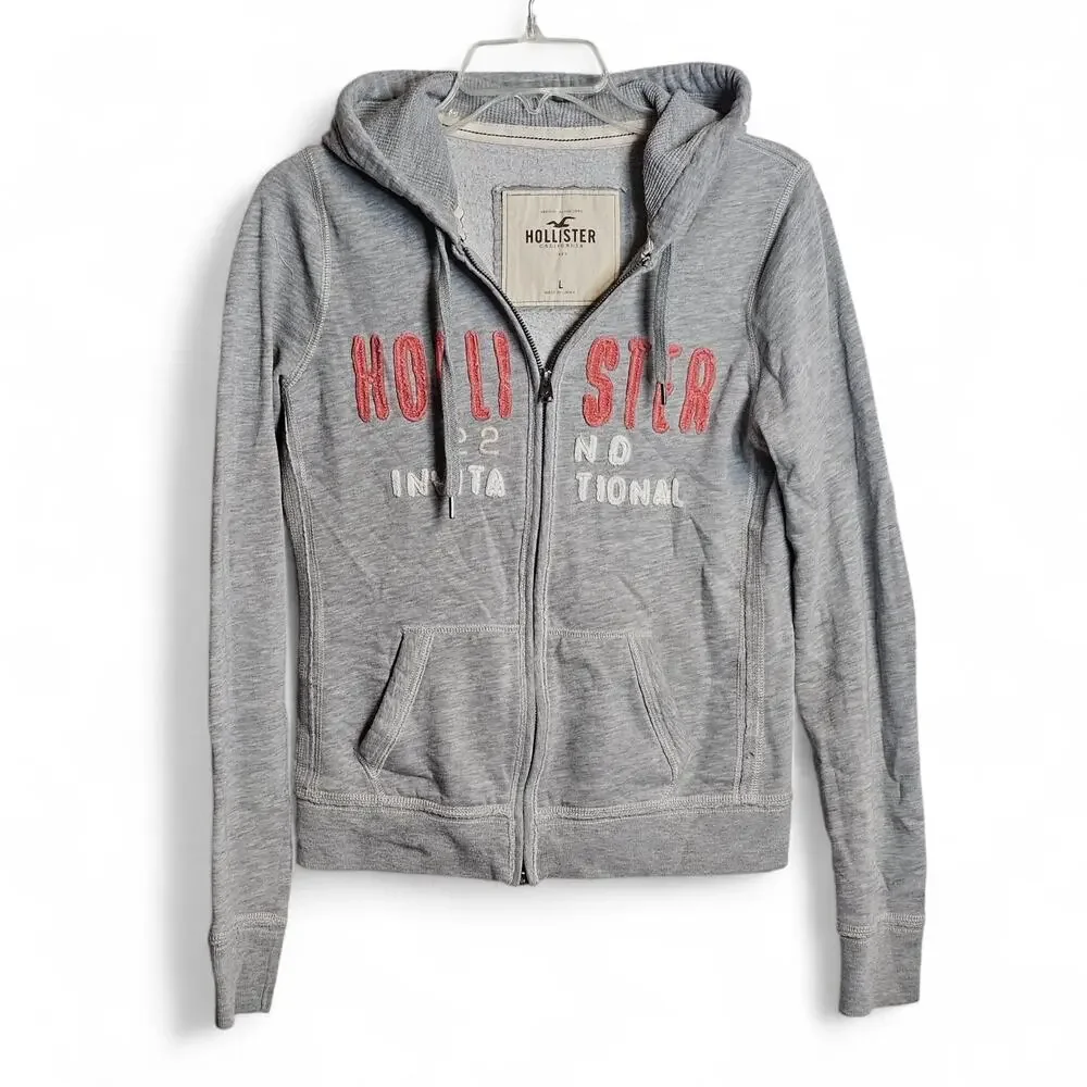 Hollister Zip Up Hoodie Womens Juniors Large Gray Y2K 2000s Preppy - Picture 1 of 5